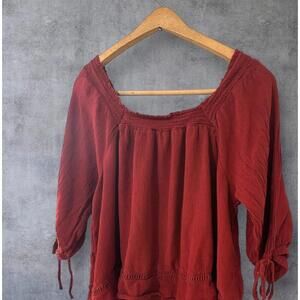 Womens Off the Shoulder Blouse Top Maroon Long Sleeve Elastic Neck Peasant XL